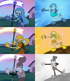 four different cartoon characters in various poses