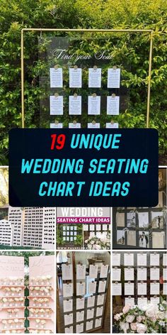 wedding seating chart ideas with flowers and greenery in the background for an outdoor ceremony