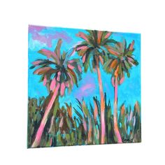 an acrylic painting of two palm trees against a blue sky with pink clouds