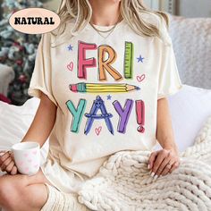 "Teacher Shirt, Happy Friyay Shirt, Funny Teacher Shirt, Fri-Yay Shirt, Teacher Team Shirt, Kindergarten Teacher, Teacher Appreciation Gift ↓ Click here to view our additional fashionable collections ↓ https://handcraftedbyhelenn.etsy.com Product Details: - 100% Cotton (fiber content may vary for different colors) - Medium fabric (5.3 oz/yd2 (180 g/m2)) - Classic fit - Tear away label - Runs true to size Care instructions: - Machine wash: warm (max 40C or 105F); - Non-chlorine: bleach as needed; Winter Teacher Shirts, Fun Teacher Outfits Elementary, Comfy Teacher Outfits, Fun Teacher Outfits, Kindergarten Teacher Outfits, Friyay Shirt, Teacher Fits, Teacher Accessories, Happy Friyay