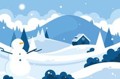 a snowman is standing in the middle of a snowy landscape with houses and trees