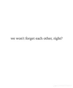 the words are written in black and white on a white background, which reads we won't forget each other, right?