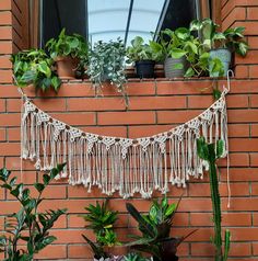 there is a white macrame hanging on the window sill with potted plants