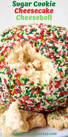 a close up of a doughnut with sprinkles on it and the words sugar cookie cheeseball