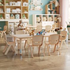 a child's playroom with wooden chairs and tables