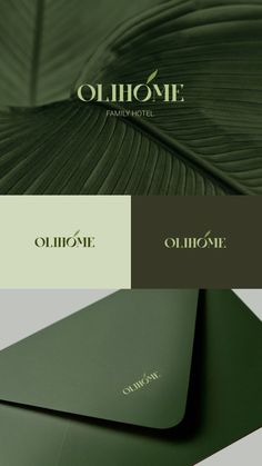 the logo for an olive hotel is shown in three different colors and font styles, including green