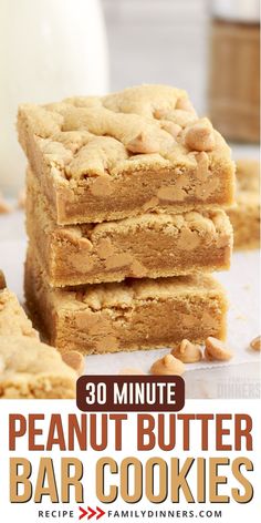 peanut butter bar cookies stacked on top of each other with text overlay that reads 30 minute peanut butter bar cookies