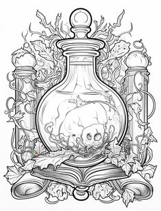 an ink drawing of a vase filled with skulls