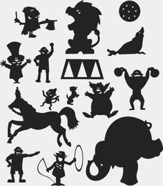 various silhouettes of people and animals in different poses, including an elephant, cat, dog