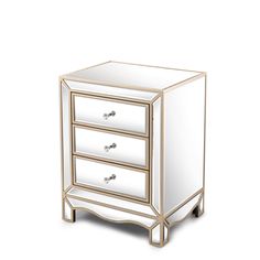 a white and gold mirrored three drawer chest with drawers on one side, the other end is