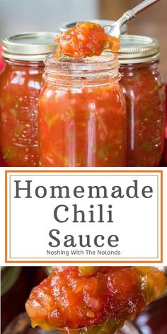 homemade chili sauce is being spooned into a mason jar with the recipe in it