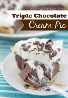 a piece of triple chocolate cream pie on a white plate