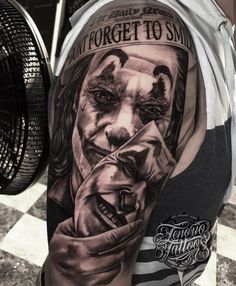 Dont Forget To Smile Joker Tattoo, Villain Tattoo Ideas For Men, Two Face Tattoo Men, Joker Two Face Tattoo, Joker Tatoos Ideas, Joker Forearm Tattoo, Joker Mask Tattoo, The Joker Tattoo Ideas, Joker Back Tattoo