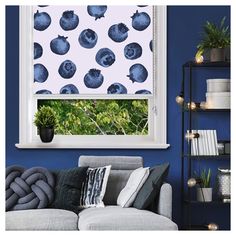 a living room with blue walls and a window that has fruit printed on the blinds