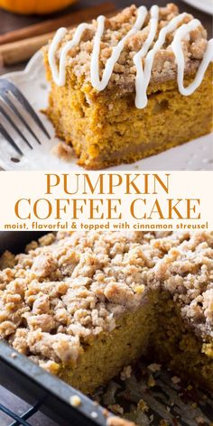 pumpkin coffee cake with white frosting on top