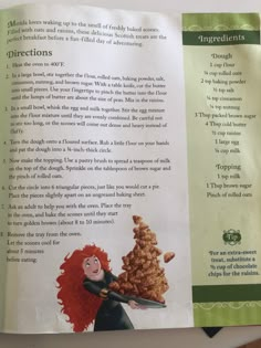 the inside pages of a children's book with an image of merida holding a frying pan