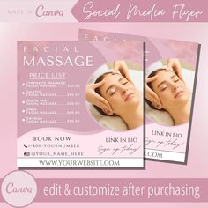 "Facial Massage Flyer Template - Facials Massages Therapist Flyers Templates - Lymphatic Drainage Facial Masseuse Specialist - Shiatsu Face Massager Appointment Instagram Post - Professional Swedish Face Massage Therapy Flyer Template - Editable Therapeutic Massages Masseur Facebook Posts - Med Spa Massaging Sessions Consultation E-flyer - Head & Forehead Massagers Session Appointments E-flyers Post For Social Media Posts - Certified Masseuse Therapists Appointment Flyers Please note this is a d Massage Flyer, Massage Prices, Face Massages, Post For Social Media, Massage Training, Small Business Advertising, Face Massager, Aromatherapy Massage, Therapeutic Massage