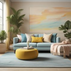 a living room with blue couches, yellow ottomans and palm trees in the background