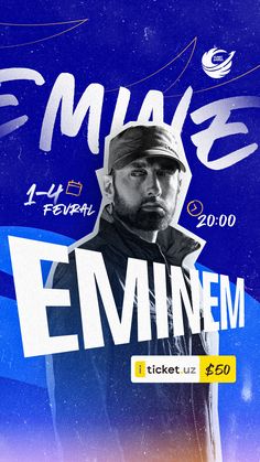 the poster for emiie's concert is shown in blue and orange colors, with an image of emiie on it