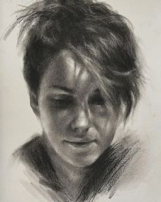 a black and white drawing of a woman's face with her hair in the wind