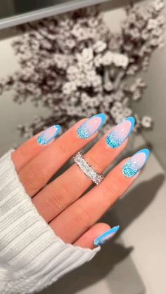 Almond Glitter Nails Designs, Blue And Black Nail Ideas, Snow White Nails, Elegant Touch Nails, Glass Nails Art, Blue Glitter Nails, Velvet Nails, Pretty Nail Art Designs, Long Acrylic