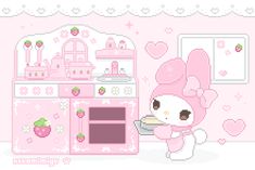 a pink hello kitty kitchen is shown in this pixel art