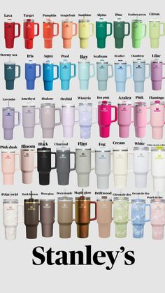 many different colored coffee mugs with the names stanley's written on each one