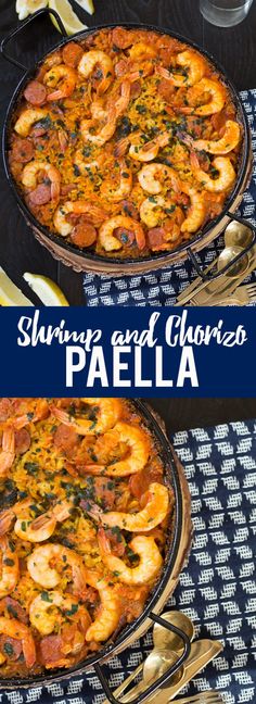 shrimp and chorizo paella in a cast iron skillet