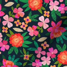 an image of colorful flowers and leaves on a black background for wallpaper or fabric