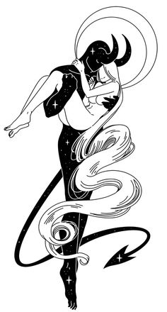 a black and white drawing of a woman dancing