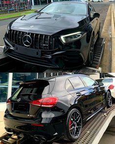 the mercedes benz cla is being transported to another car by a truck on a conveyor belt