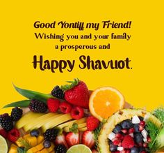 happy shavut greeting card with fruits and vegetables on yellow backgrounnd