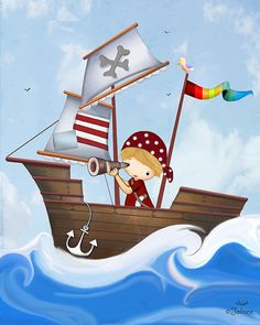 a painting of a boy in a pirate ship looking through a telescope at an anchor