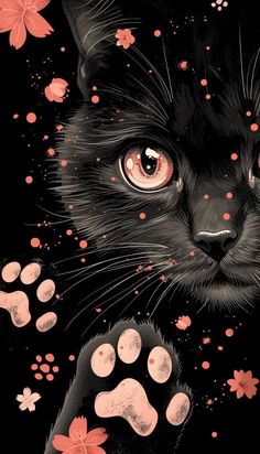 a black cat with pink flowers and paw prints