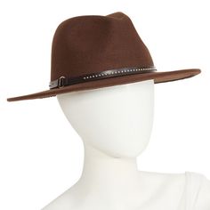 This a.n.a women's fedora is a chic cold-weather accessory to have on hand. Crafted from felt-like fabric with a contrasting studded faux leather trim around the base, this hat is a must-have to wear with your favorite outfits.Base Material: 100% PolyesterCare: Spot CleanBrim Width: 3 InchCountry of Origin: Imported Chic Fur Felt Fedora For Fall, Chic Wool Fedora For Fall, Chic Wool Fedora For Winter, Chic Winter Wool Fedora, Chic Wool Felt Hat For Fall, Fall Fedora Hat Bands Made Of Felt, Chic Fur Felt Hat For Fall, Fall Felt Hat With Short Brim, Fall Brown Felt Fedora