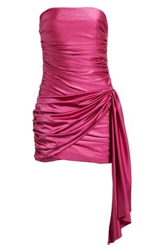 Get glasses raised in a popping pink dress that's draped-to-fit and designed to showcase shoulders and legs. 27 1/2" center front length Back-zip closure Strapless Lined 87% nylon, 13% spandex Dry clean Imported Semi Formal Pink Dress, Magenta Hoco Dress, Hot Pink Dress Formal, Metallic Pink Dress, Hot Pink Dress Outfit, Hot Pink Hoco Dress, Hot Pink Party Dress, Short Hot Pink Dress, Hot Pink Party Dresses