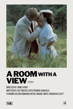 a room with a view poster showing a man and woman kissing in the grass, surrounded by trees