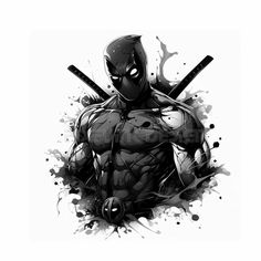 a black and white drawing of a deadpool with two baseball bats in his hands