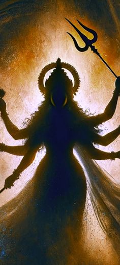 the silhouette of a person holding two swords in their hands, with an orange and blue background