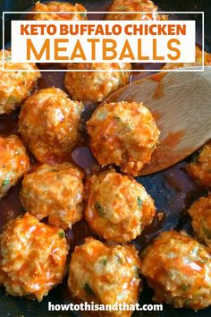 keto buffalo chicken meatballs in a skillet with a wooden spoon on the side