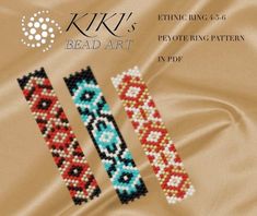 two bead bracelets are shown on a satin background with the words kiki's bead art written below them