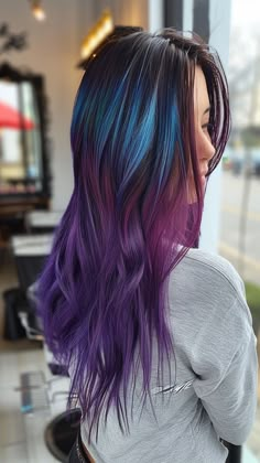 24 Gorgeous Ombre Hair Colors to Try Bold Ombre Hair, Ombre Hair Color Purple, Blue And Purple Ombre Hair, Denim Ombre Hair, Blue And Purple Bayalage Hair, Blue Gradient Hair Color, Dark Blue And Purple Hair Ombre, Purple To Blue Ombre, Purple Into Blue Ombre Hair