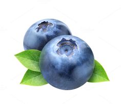 two blueberries with leaves on white background