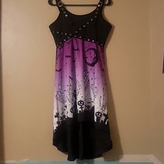 Halloween Skull Print Summer Dress. Adjustable Buckle Straps Cute And Spunky! Emo Halloween Costume Party Dress, Gothic Purple Party Dress, Purple Gothic Party Dress, Purple Gothic Dress For Costume Party, Gothic Purple Dress For Costume Party, Pastel Goth Dress For Halloween Costume Party, Black Emo Halloween Dress, Pastel Goth Halloween Costume Party Dress, Sleeveless Witchy Dress For Costume Party