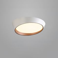 a white ceiling light with a gold ring around it's edge and a gray wall in the background