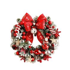 a christmas wreath with red and white decorations