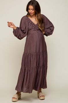 Brown Smocked Front Cutout Tiered Maternity Maxi Dress Fall Baby Shower Dress, Brown Maternity Dress, Winter Maternity Dress, Flowy Maternity Dress, Long Sleeve Maternity Dress, Baby Shower Dress, Maternity Maxi Dress, Winter Maternity, Maternity Maxi