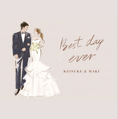 a bride and groom standing next to each other with the words best day ever written on it