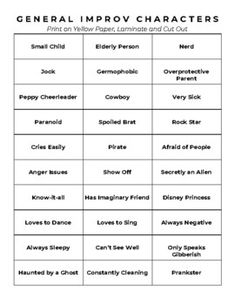 the general imppov character chart for children's play - based tv shows