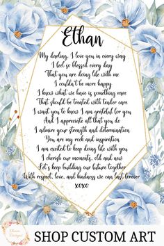 a blue flower frame with the words, shop custom art